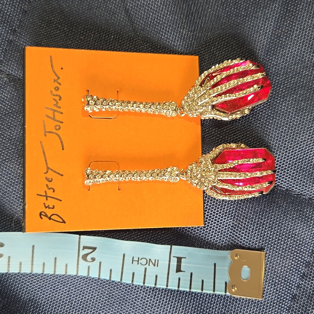 Betsey Johnson Silver and Pink Crystal Skeleton Earrings